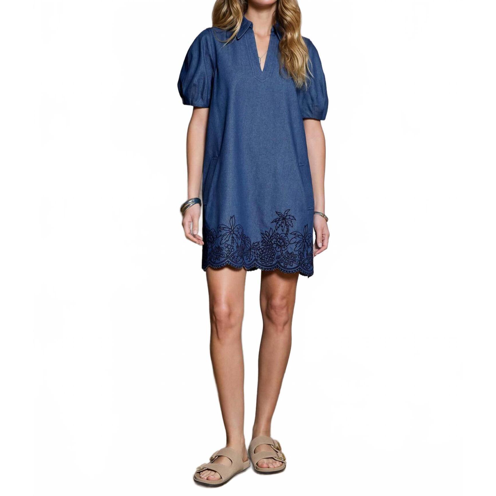 New Current Air Embroidered Shift Mini Dress In Denim